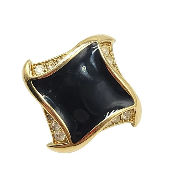 TRIFARI Gold Tone Pave Clear Rhinestone Black Enamel Abstract Pin Brooch Vintage - Picture 1 of 4